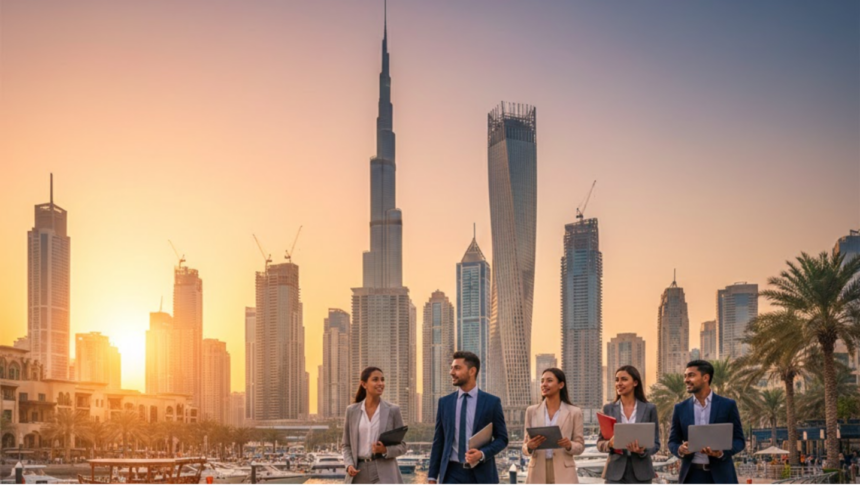 Étudiants en école de commerce marchant devant la skyline de Dubaï au coucher du soleil